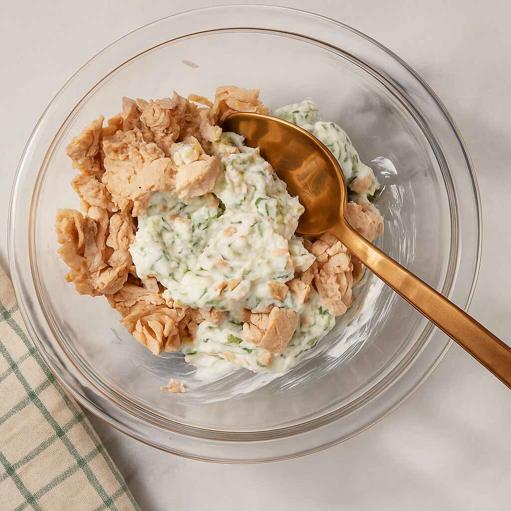 Glass bowl with flaked salmon and creamy herb mixture being stirred with a gold spoon