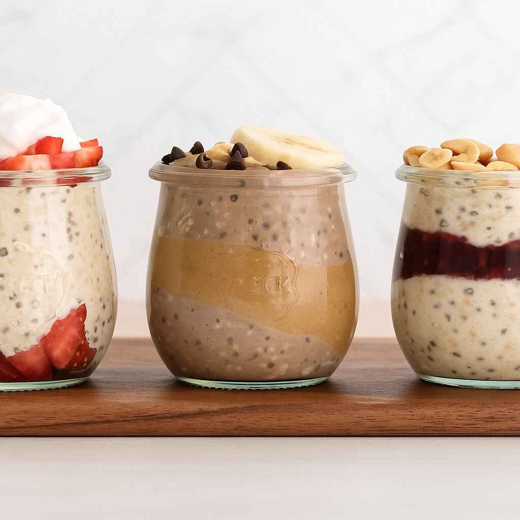 Three glass jars filled with high-protein overnight oats in flavors like strawberry, chocolate banana, and berry compote on a wooden board