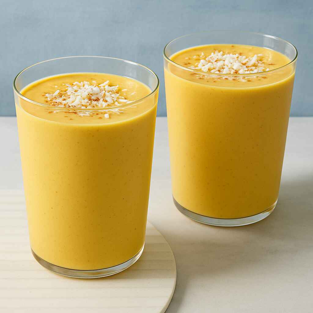Two glasses of mango-turmeric smoothie topped with shredded coconut on a light background