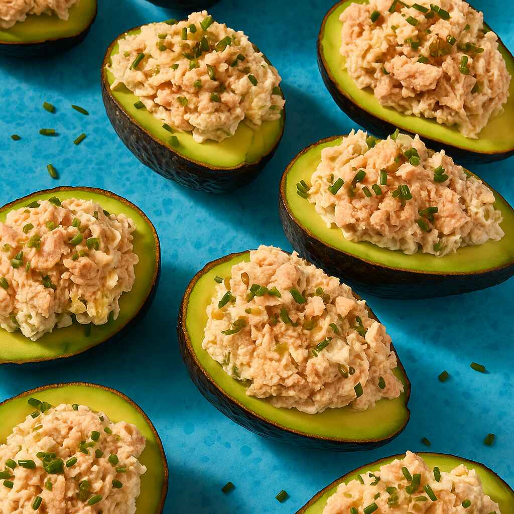Halved avocados filled with creamy salmon mixture and garnished with fresh chives on a bright blue surface