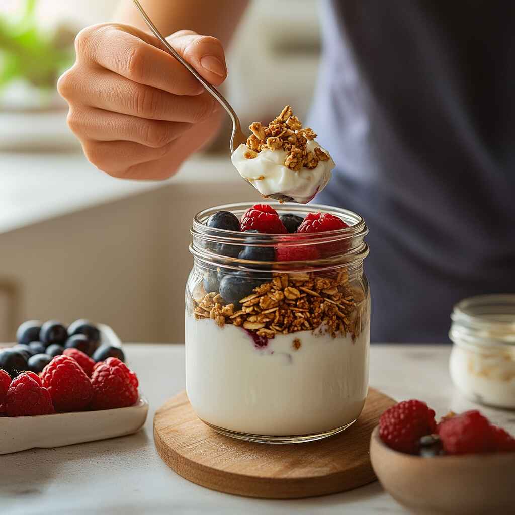 Assembling a no-cook Greek yogurt breakfast