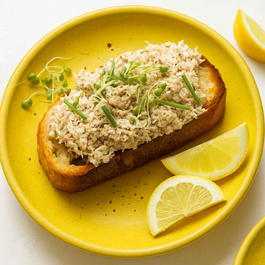Open-faced tuna salad sandwich made with Greek yogurt, served on toasted bread and garnished with herbs and lemon wedges.