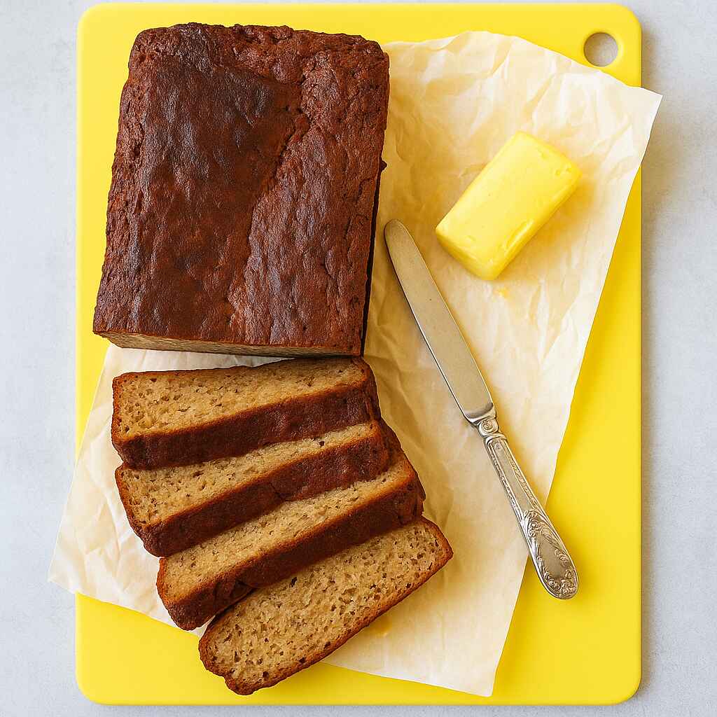 Sliced high-protein banana bread made with cottage cheese, served with butter on parchment paper