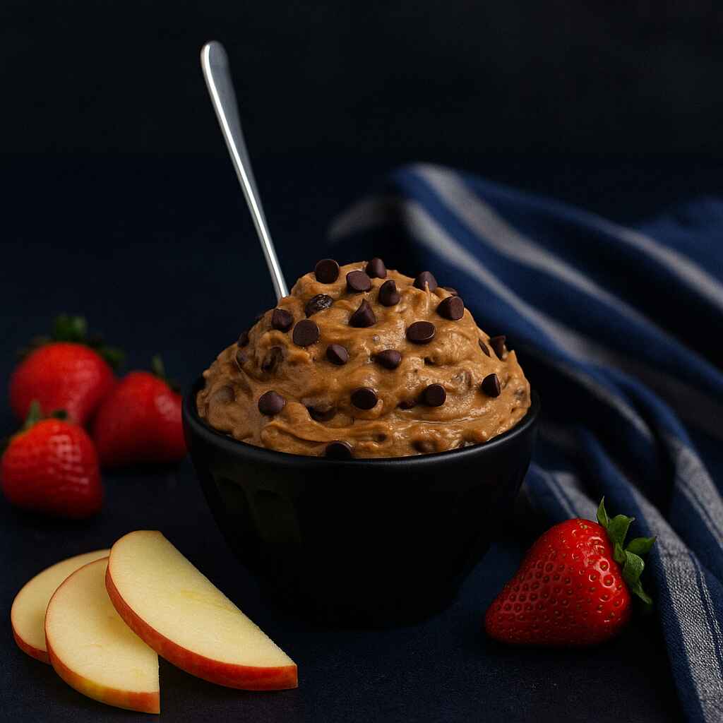 A black bowl filled with high-protein peanut butter cookie dough topped with chocolate chips, surrounded by apple slices and strawberries