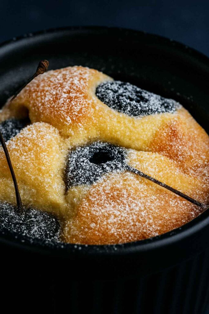 Close-up of a low-carb cherry almond pancake pot in a black ramekin, topped with powdered sugar and baked cherries