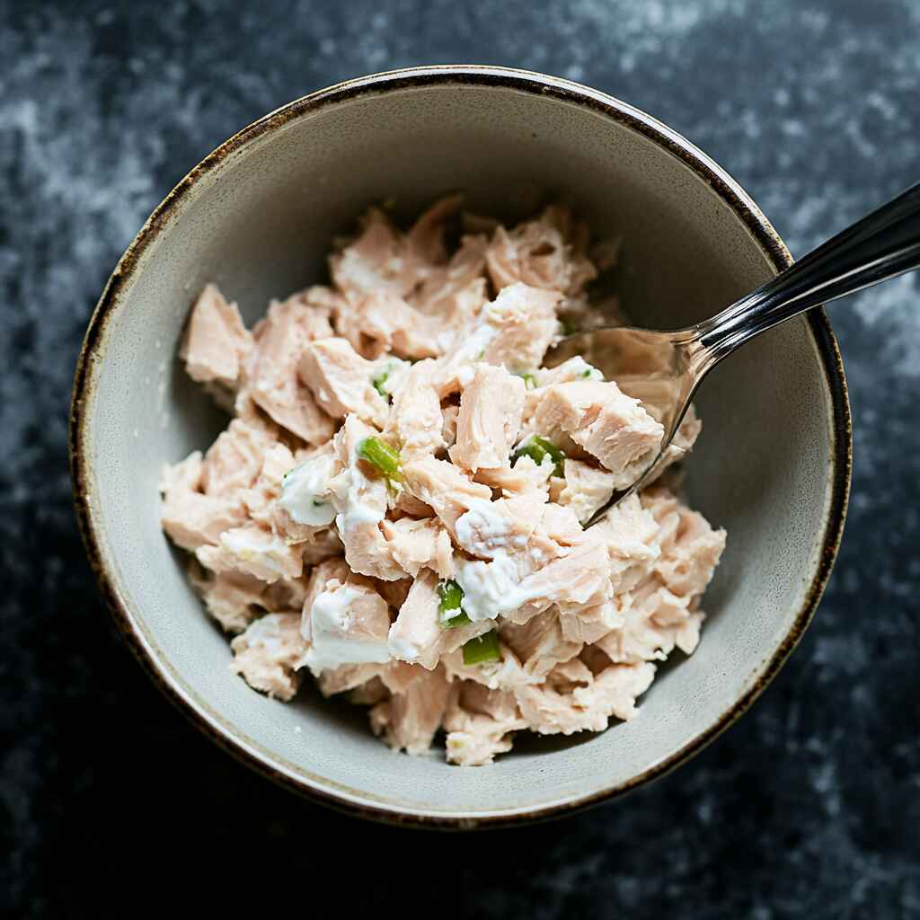 Mixing tuna with Greek yogurt in a small bowl