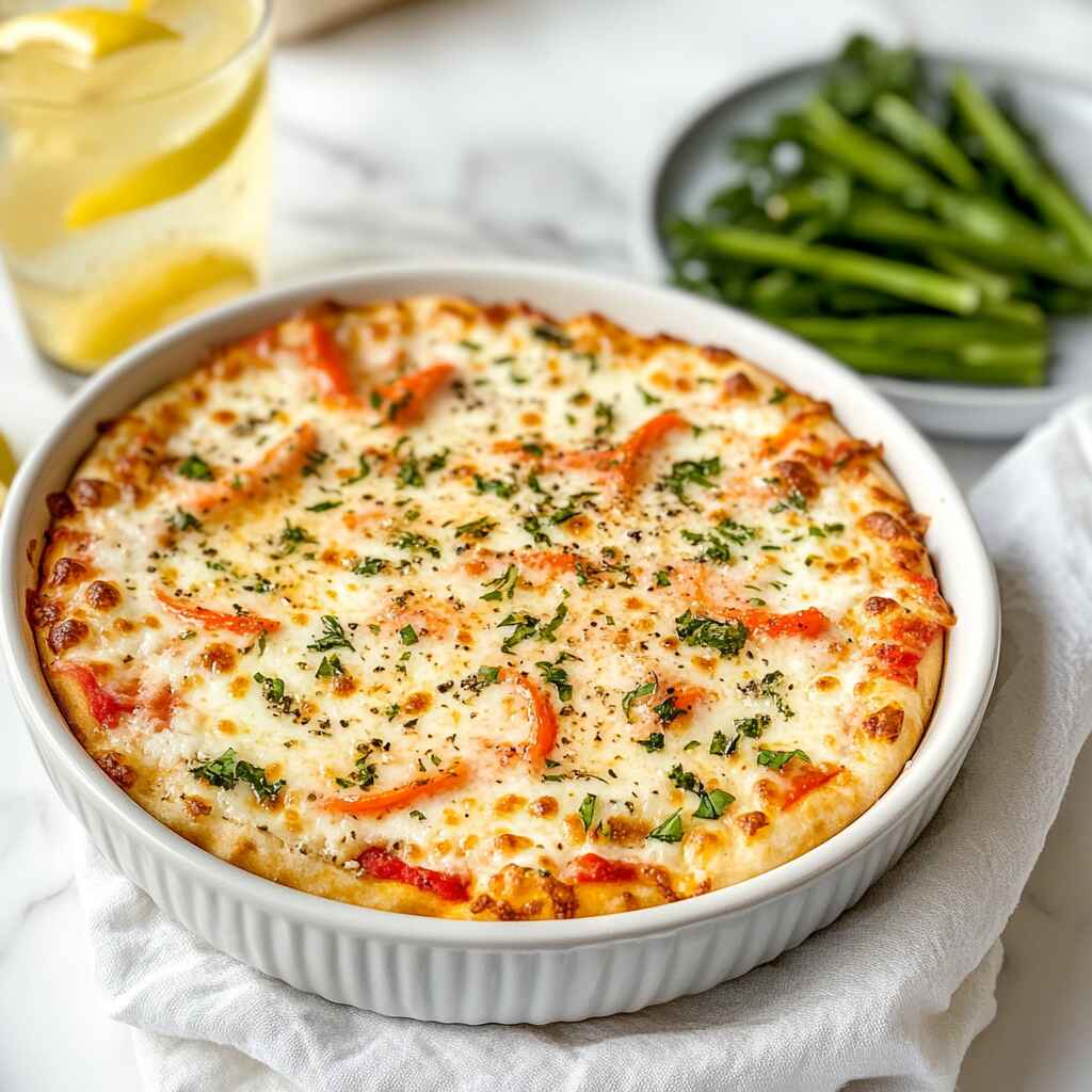 Served cottage cheese pizza bowl with fresh sides