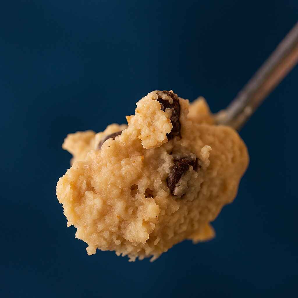 A spoon holding a scoop of cottage cheese protein cookie dough with chocolate chips against a blue background