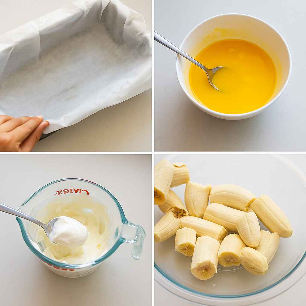 Four-photo collage showing steps to make high protein banana bread with cottage cheese—lined pan, beaten eggs, whipped cottage cheese, and sliced bananas