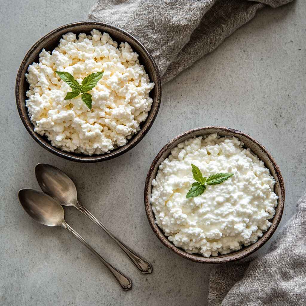 Two bowls of cottage cheese, one savory and one sweet, styled next to each other with spoons and napkin, ready to eat.