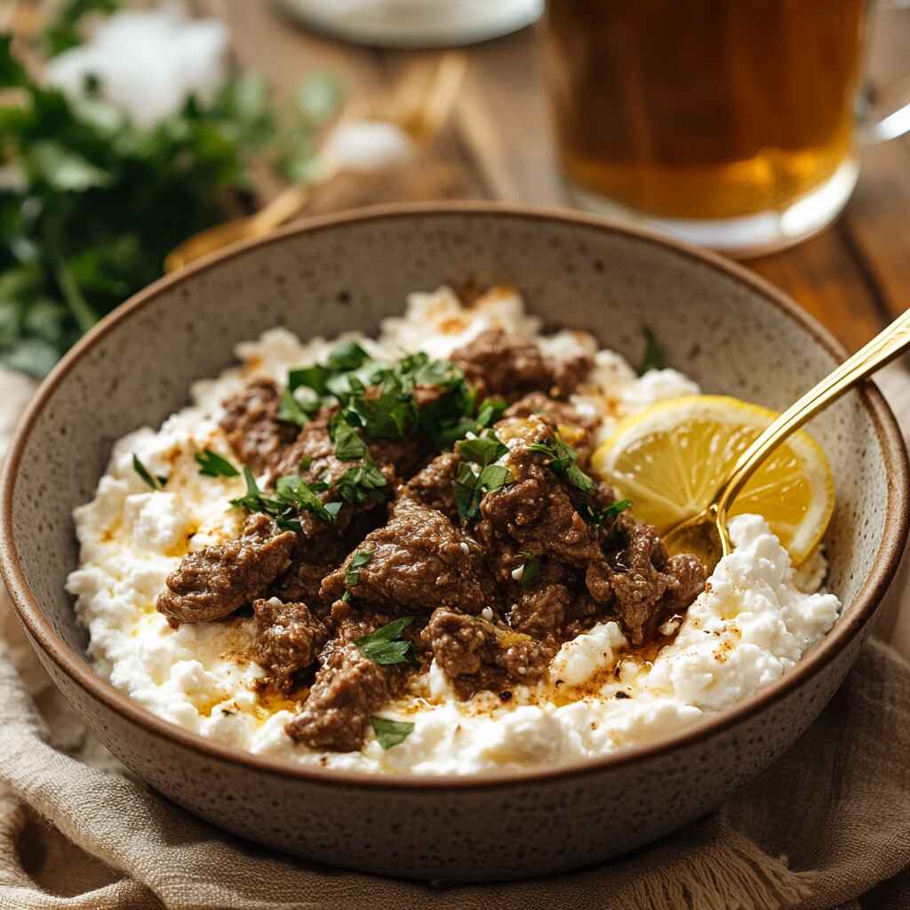 Beef cottage cheese bowl served and ready to eat