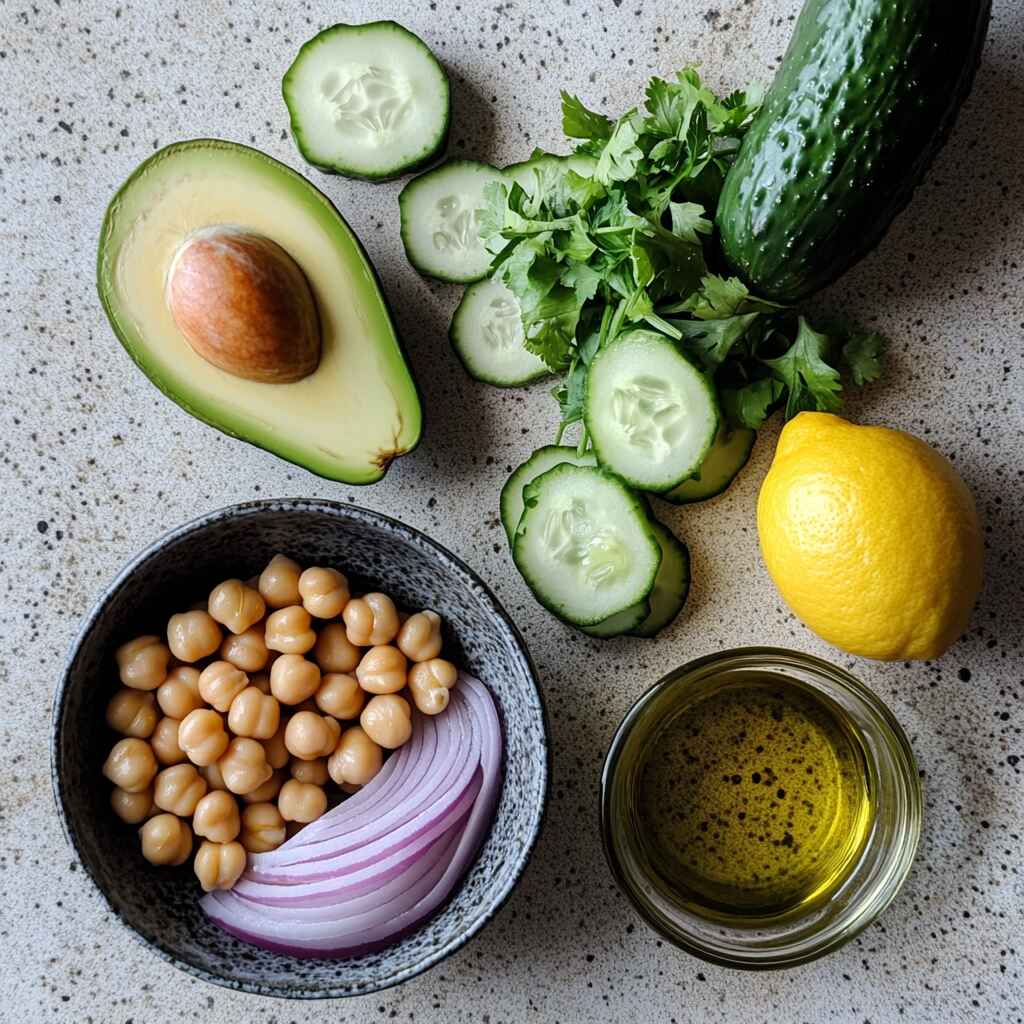 ingredients for high-fiber chickpea avocado salad