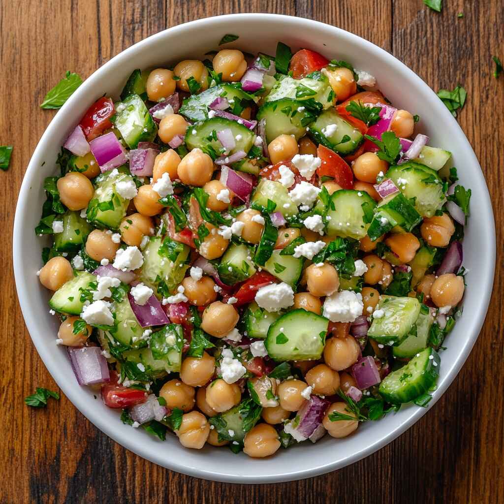 Chickpea salad with cucumber and feta in a white bowl