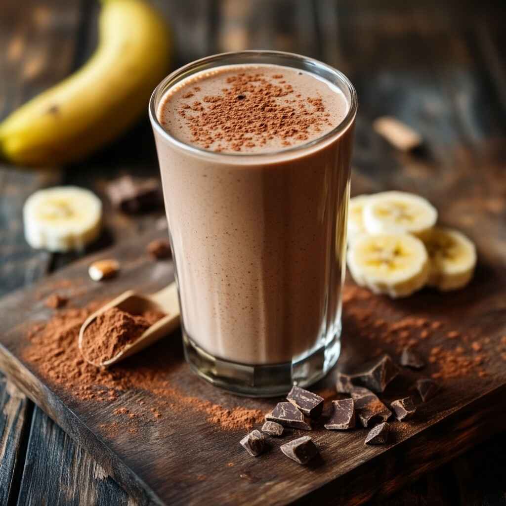 Chocolate protein shake in a glass with healthy ingredients