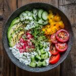Two bowls of cottage cheese, one savory and one sweet, styled next to each other with spoons and napkin, ready to eat.