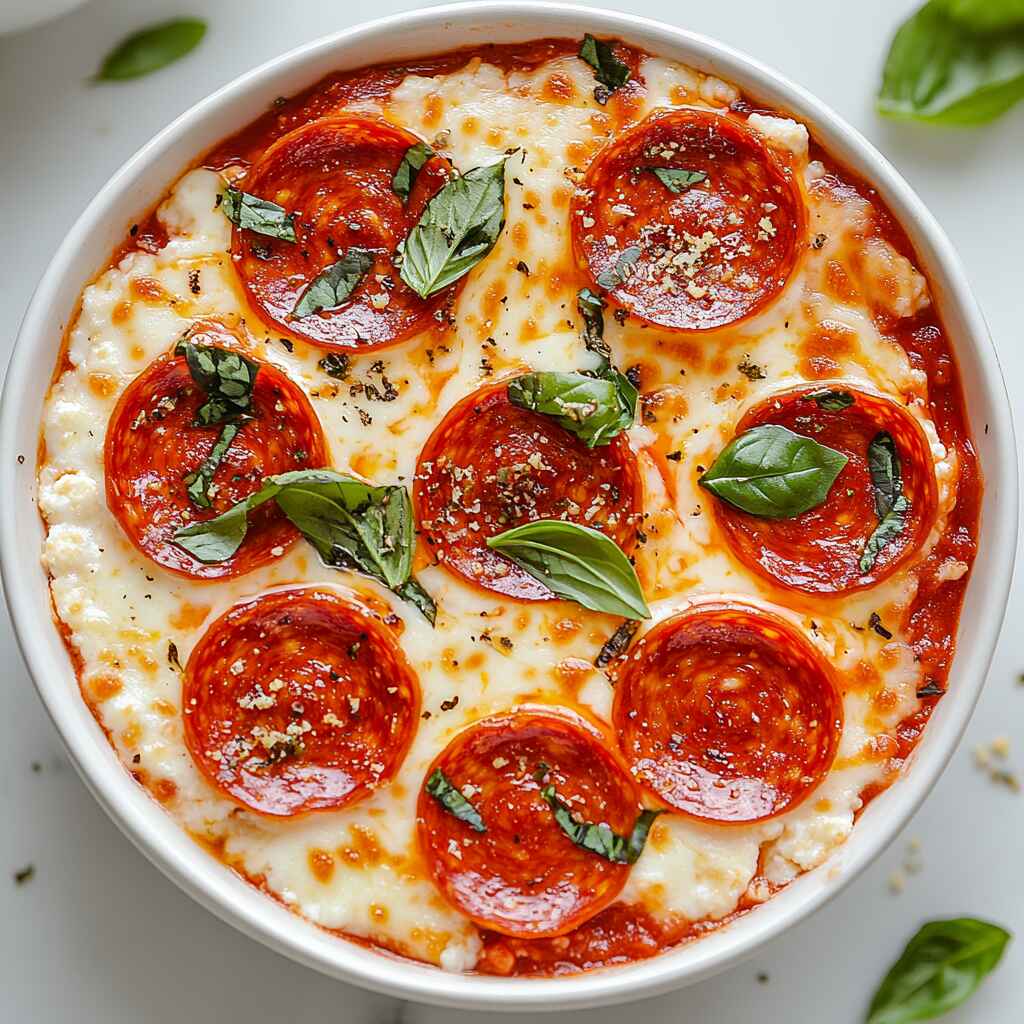 Cottage cheese pizza bowl with pepperoni and basil