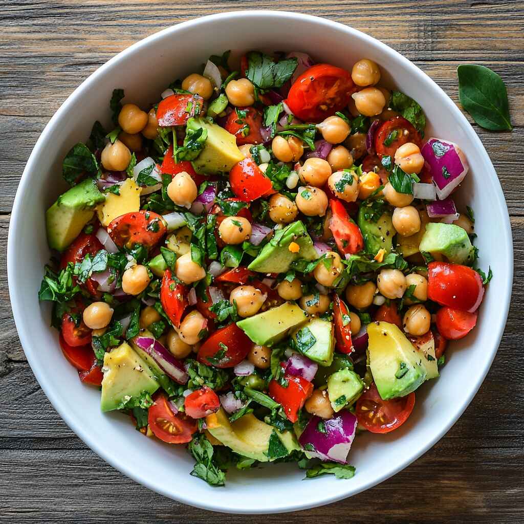 high-fiber chickpea avocado salad in bowl
