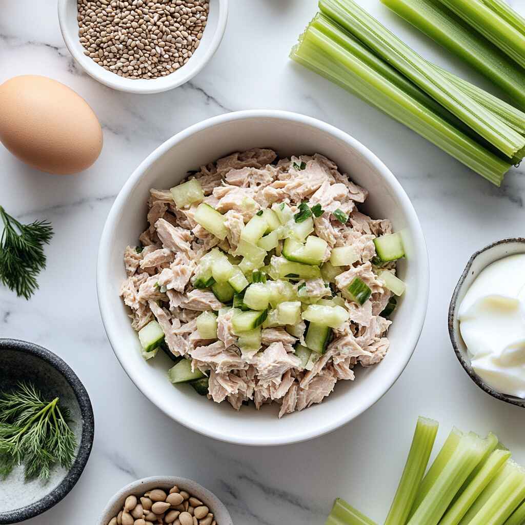 high protein tuna salad in bowl with fresh ingredients