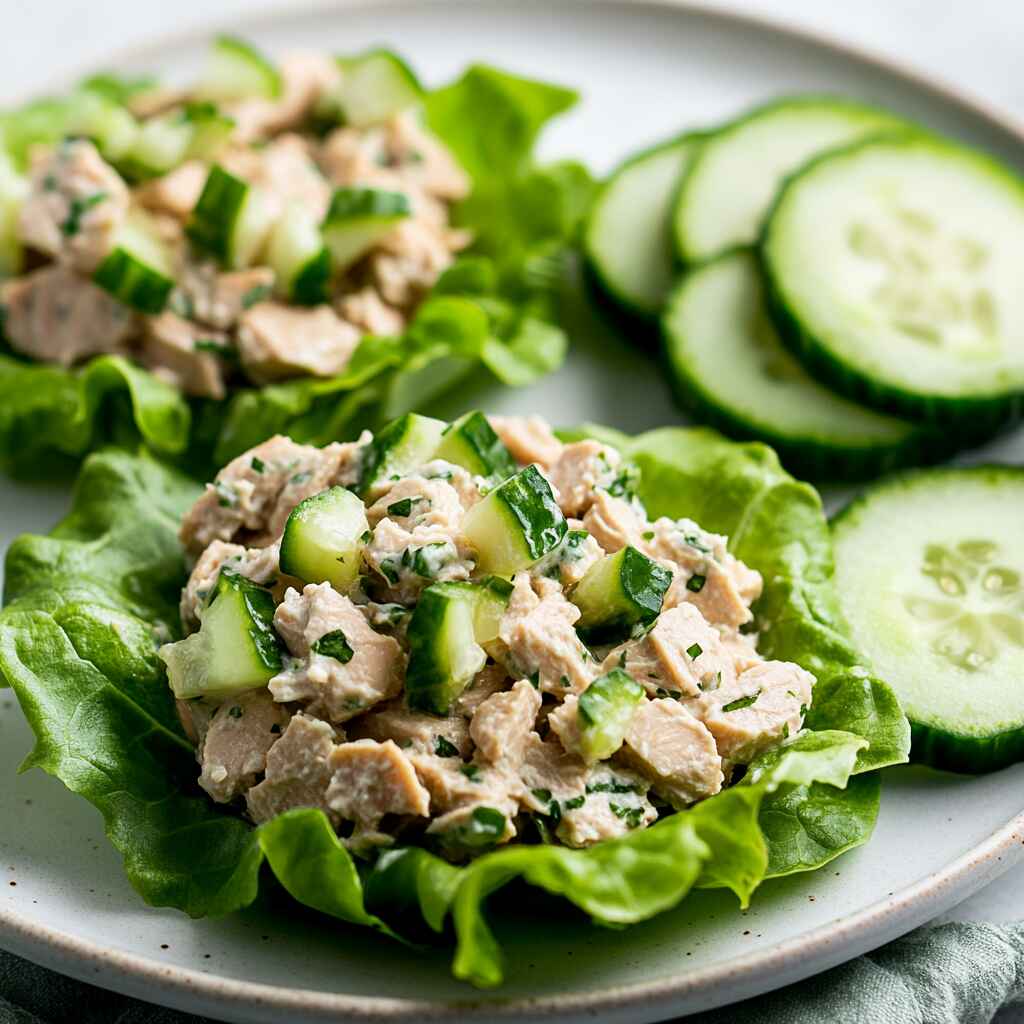 high protein tuna salad served in lettuce cups