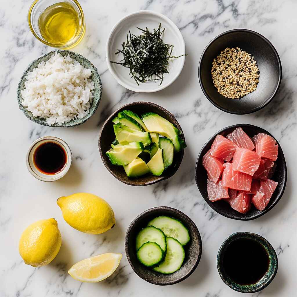 ingredient tuna rice bowl with rice, avocado, and veggies