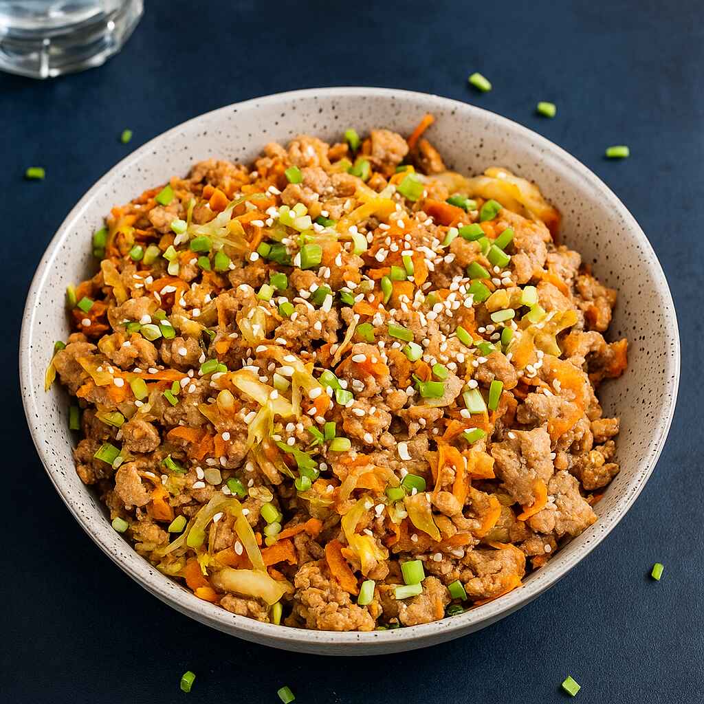 A bowl of keto egg roll in a bowl topped with sesame seeds and green onions on a dark background