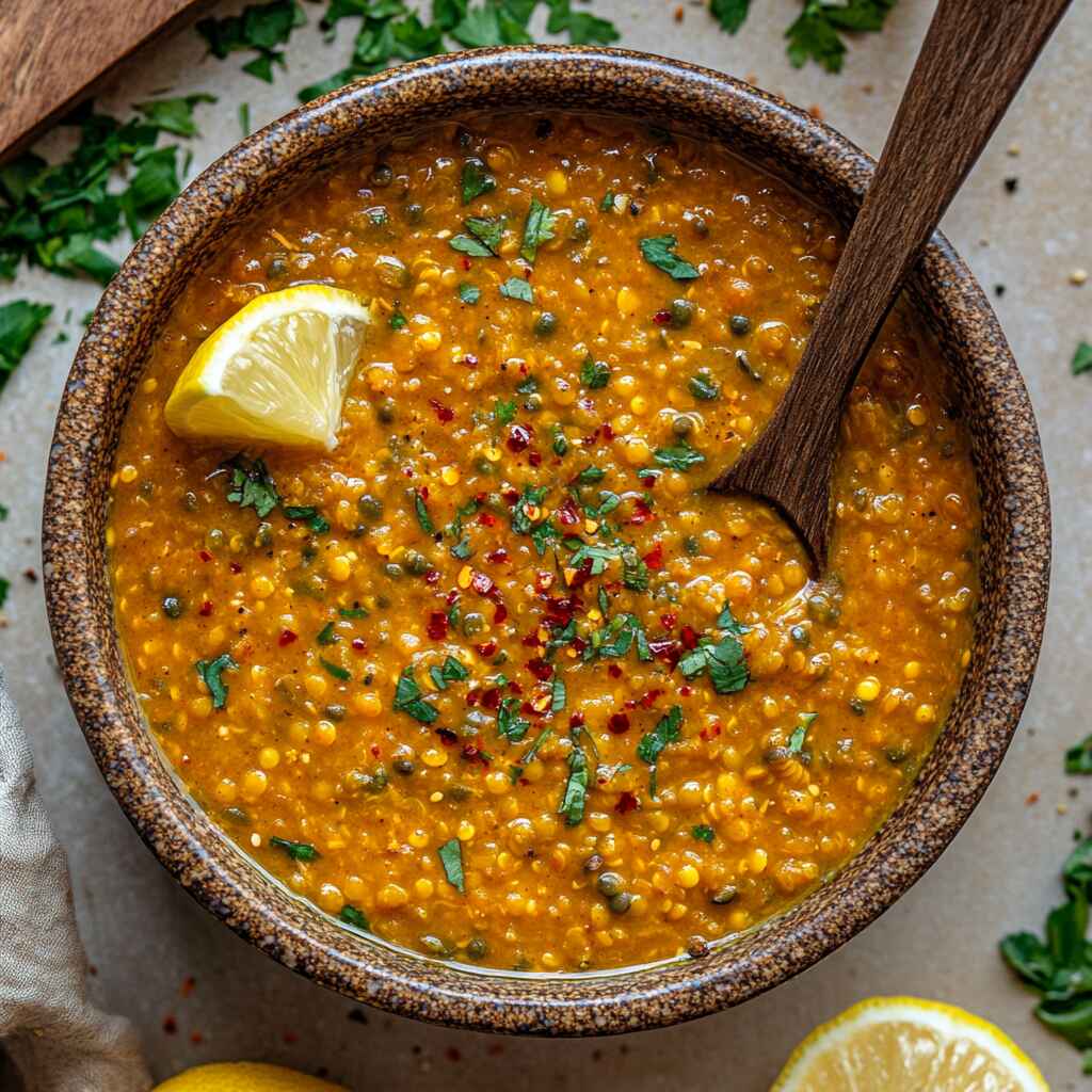 spicy lentil soup in a bowl with toppings