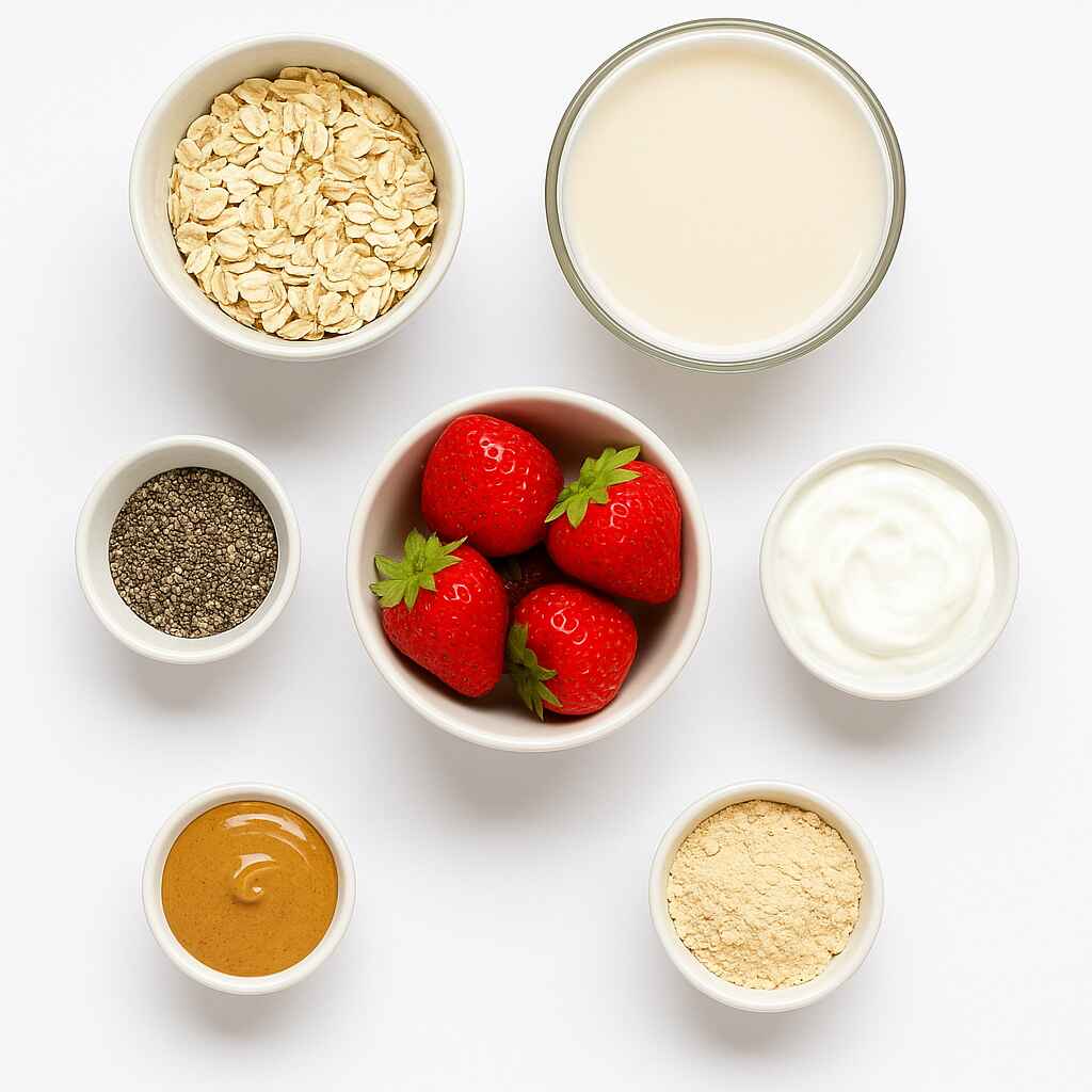 Ingredients for strawberry protein jar breakfast