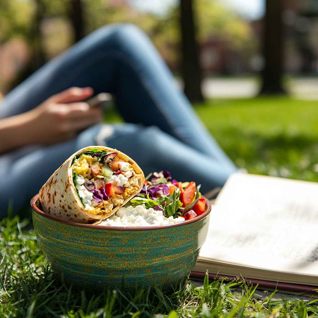 student eating no-cook wrap on campus