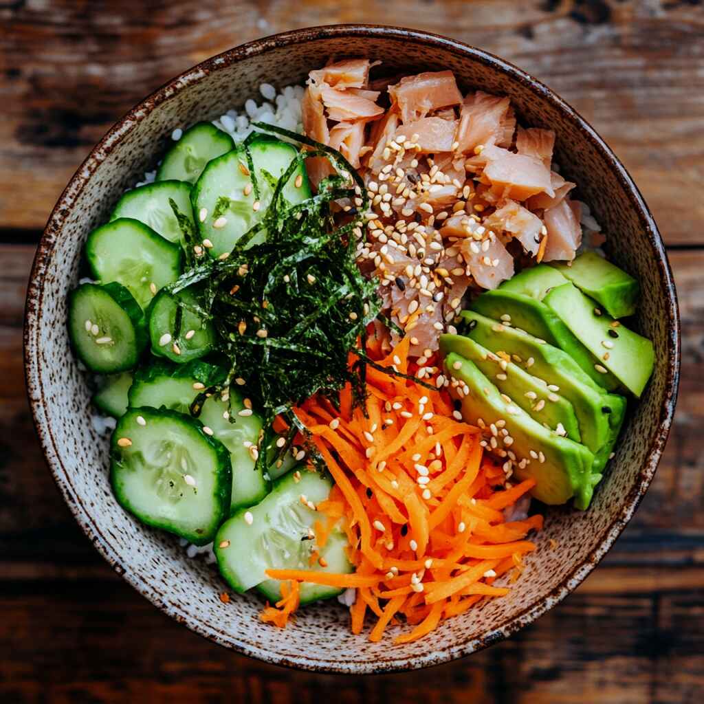 High protein tuna rice bowl with rice, avocado, and veggies