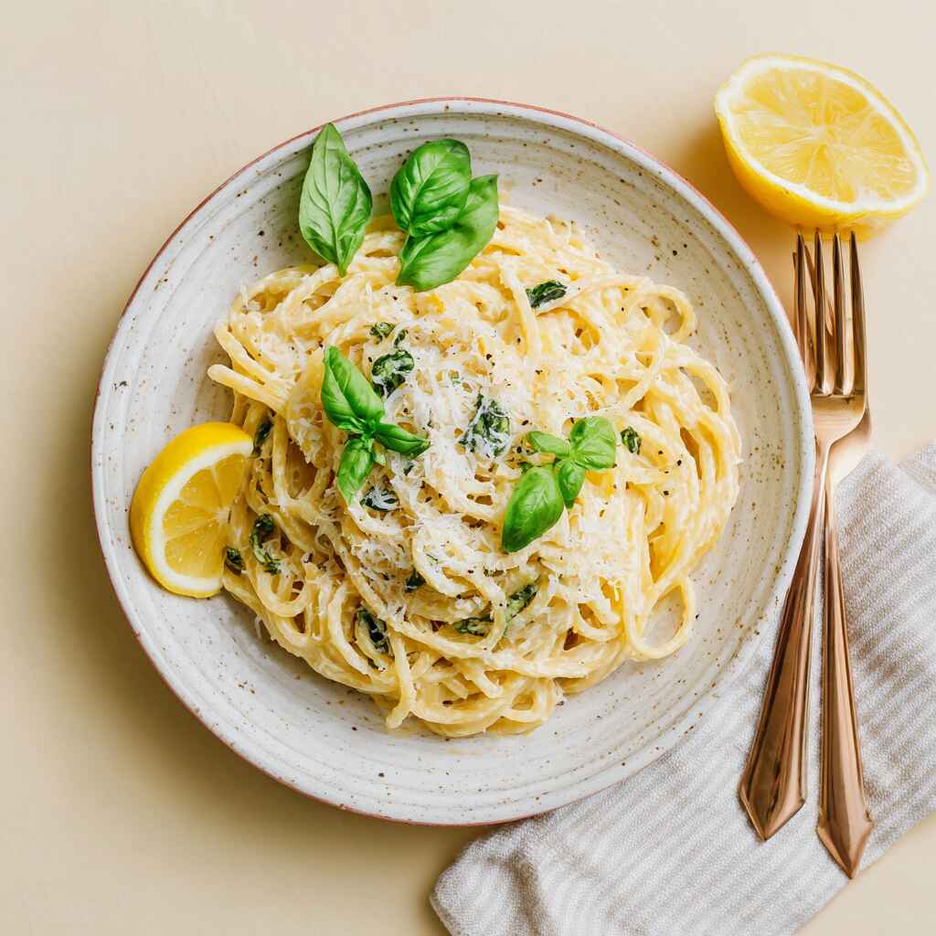 Served lemon ricotta pasta with basil