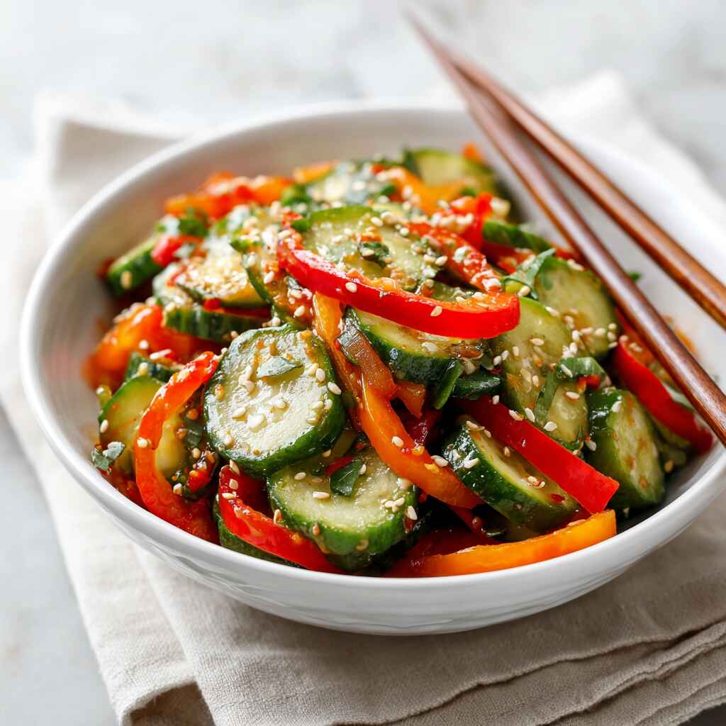 Asian cucumber salad in white bowl with sesame seeds