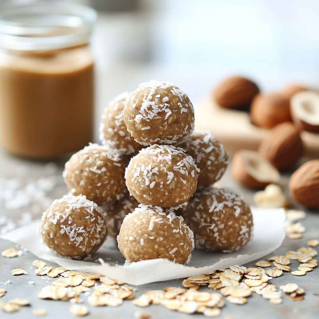 Peanut butter coconut protein balls snack on a rustic kitchen counter