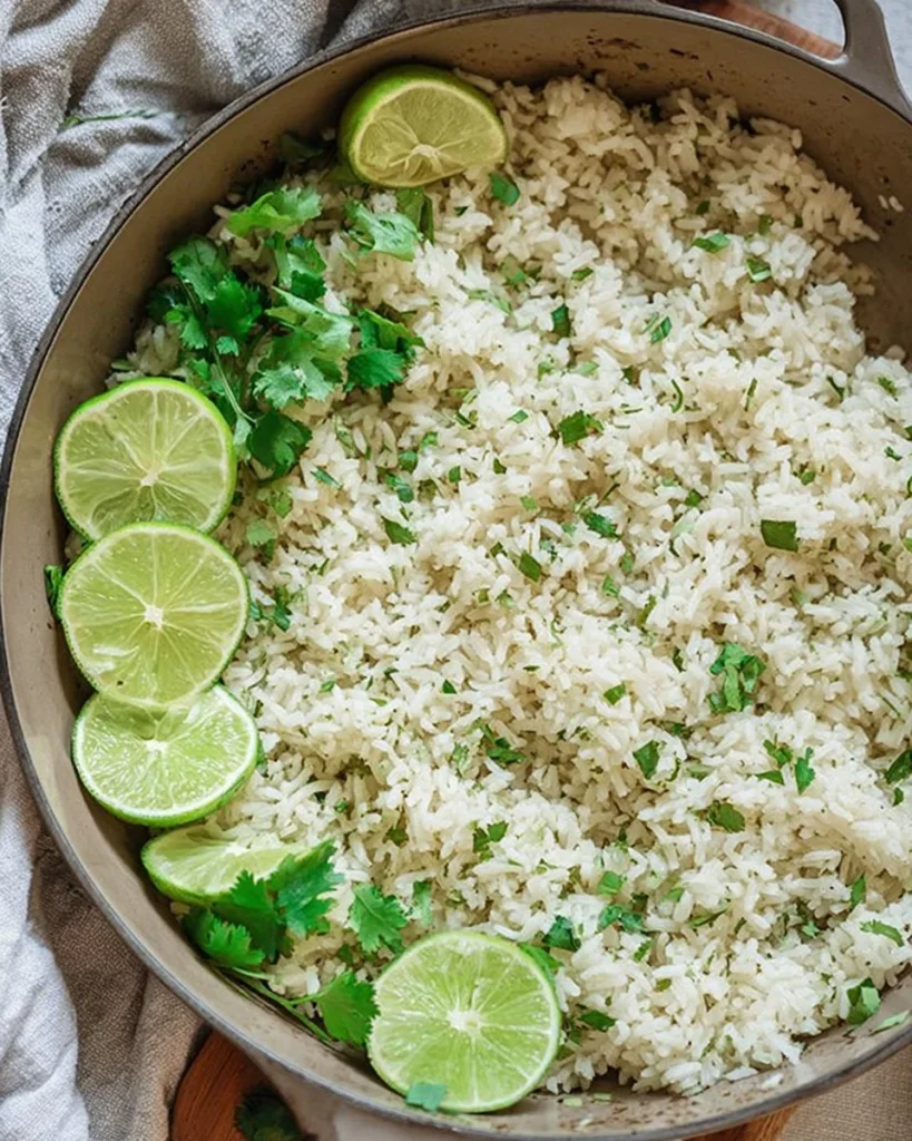 Bowl of cilantro lime rice topped with fresh cilantro and lime wedges