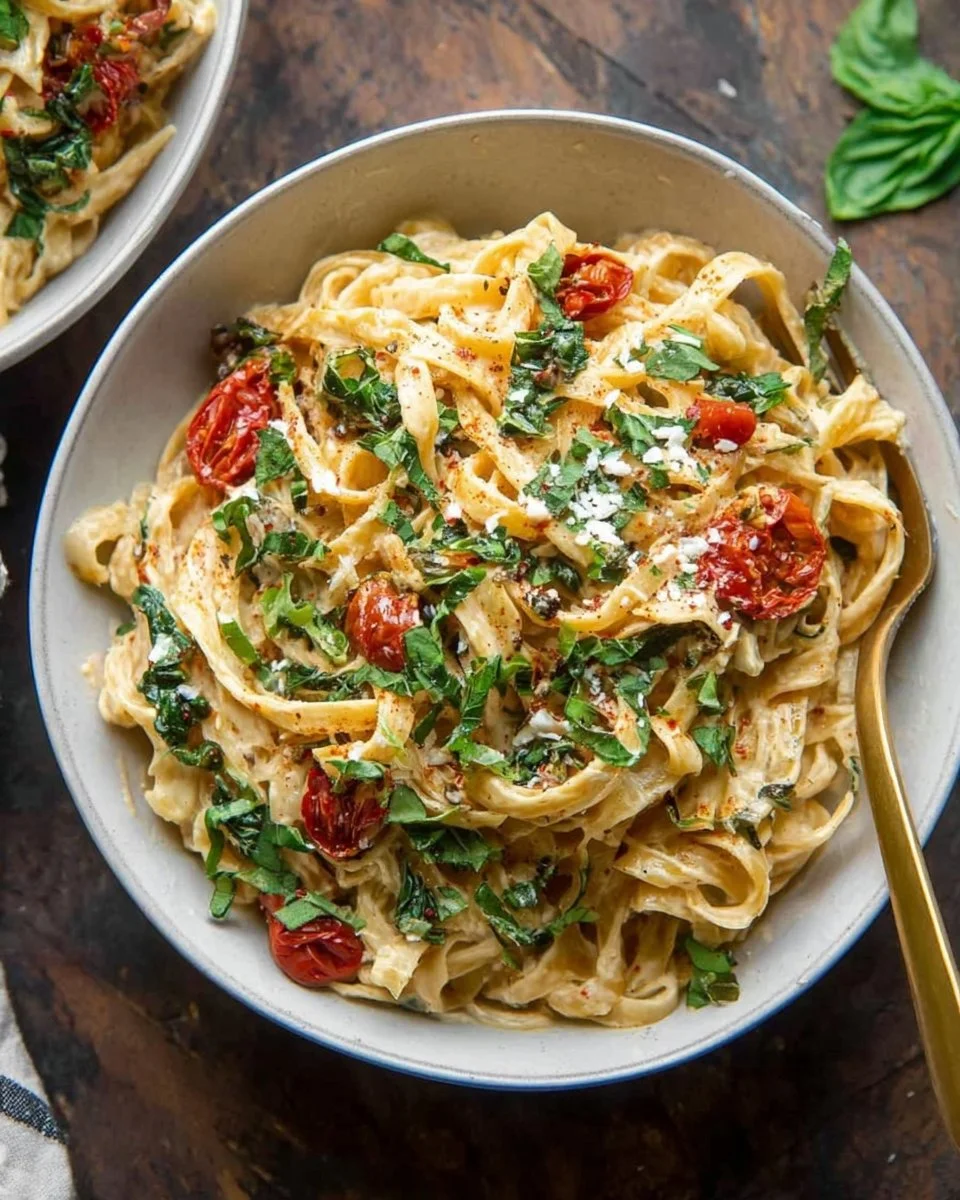 Creamy Brie pasta dish garnished with herbs and served in a bowl.