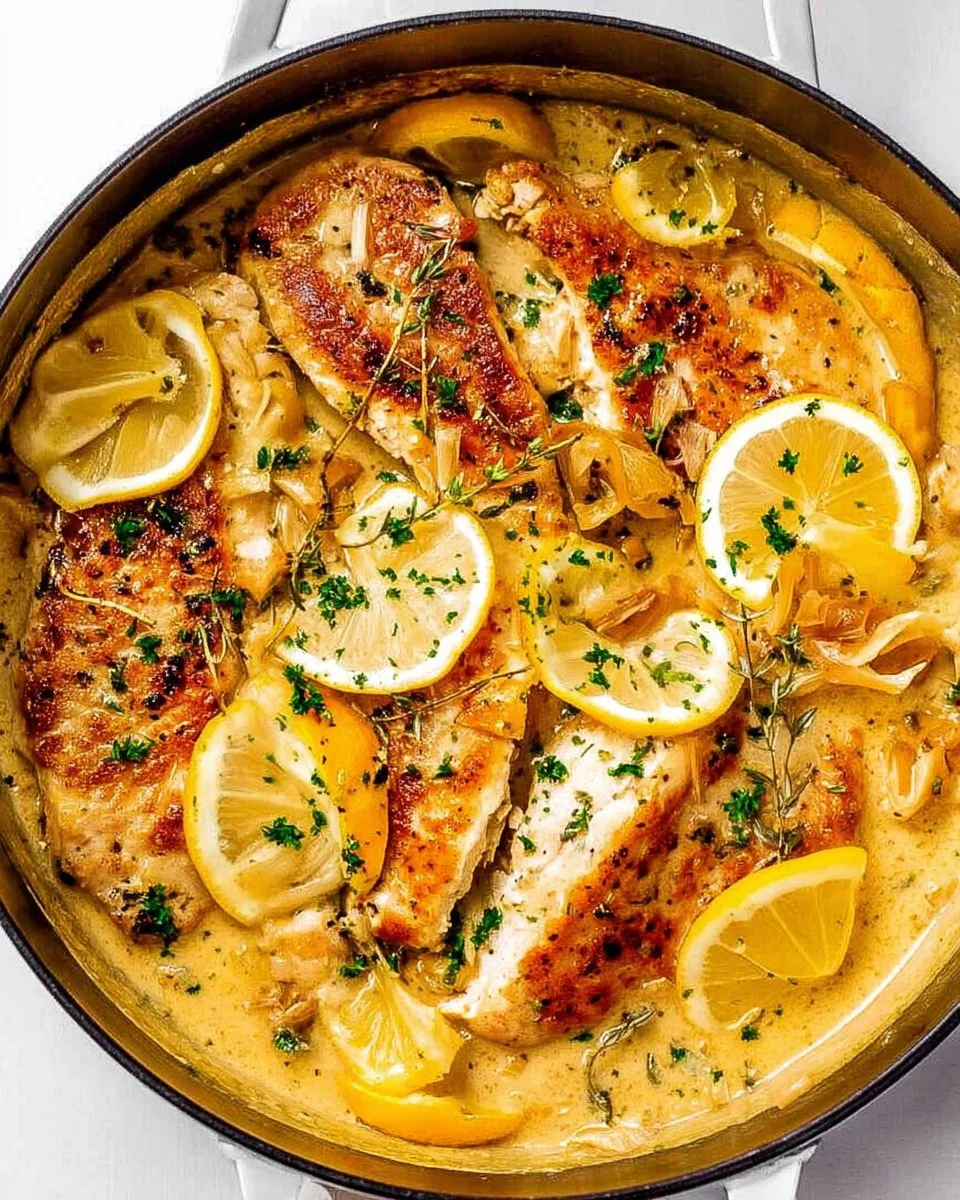 Creamy lemon chicken dish garnished with herbs on a plate.