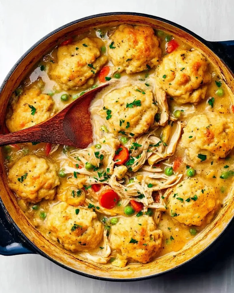 Bowl of easy homemade chicken and dumplings with fresh herbs