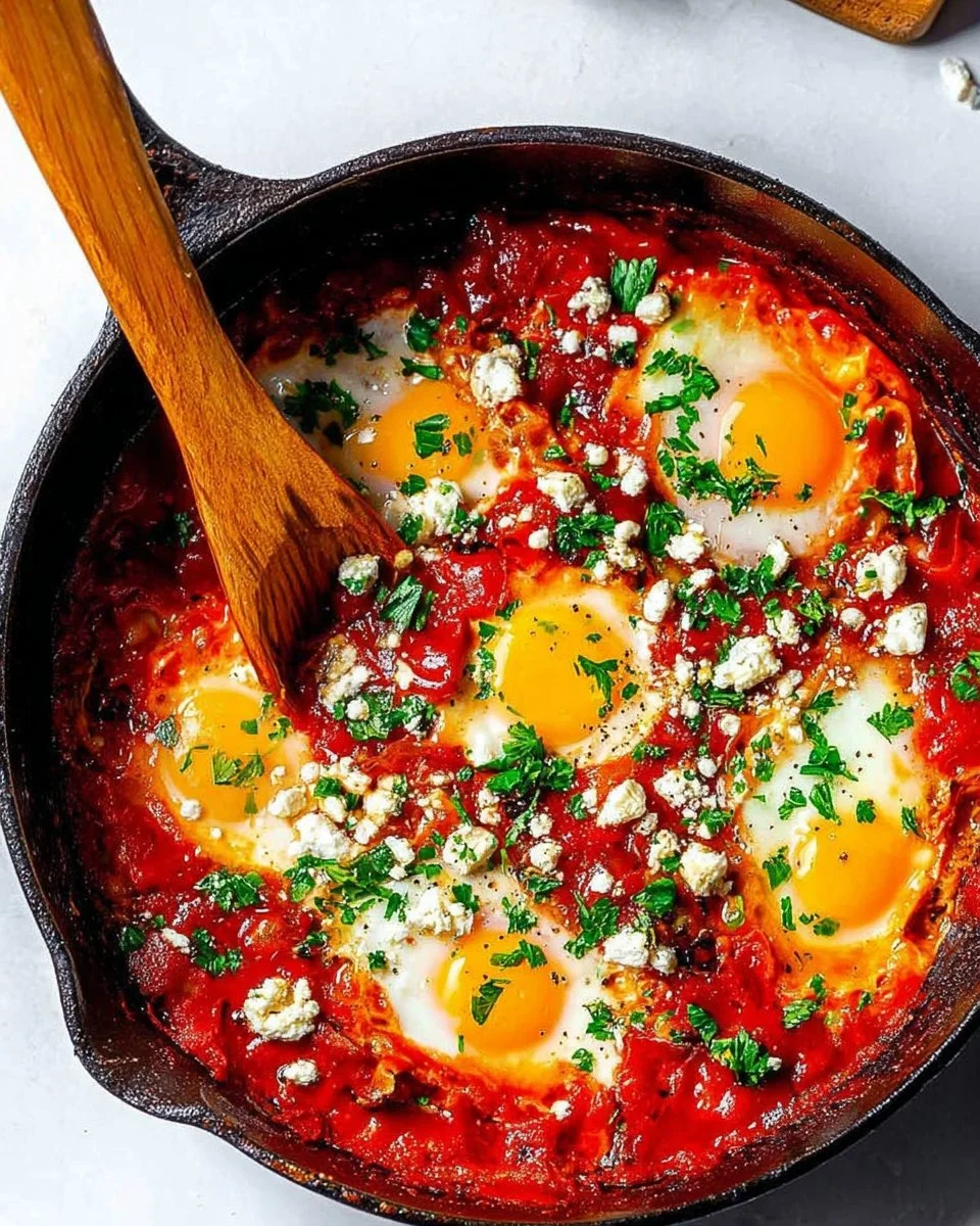 Easy shakshuka recipe with eggs and tomatoes in a skillet.