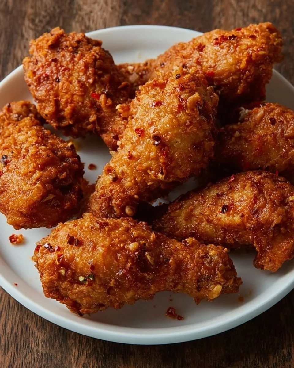 Plate of crispy fried chicken with herbs and spices