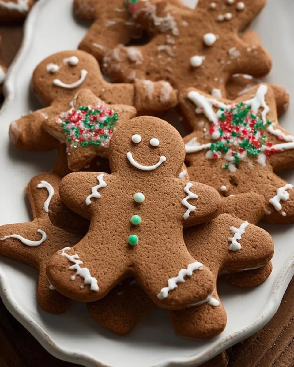 Homemade gingerbread cookies decorated with icing and spices