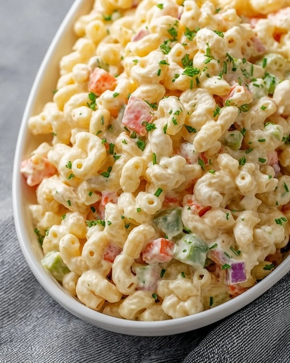 Creamy macaroni salad with vegetables in a bowl ready to serve