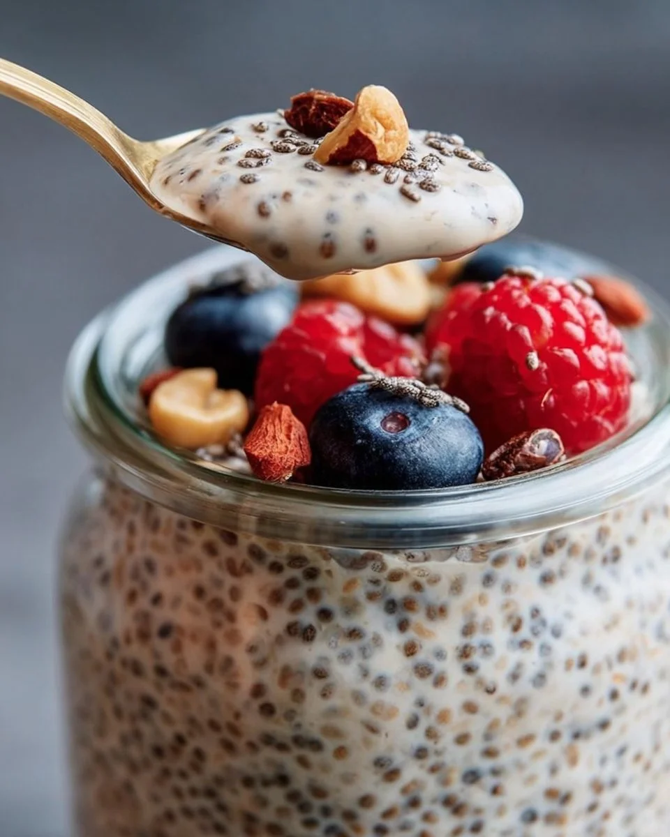 Delicious overnight chia seed pudding topped with fresh fruits and nuts