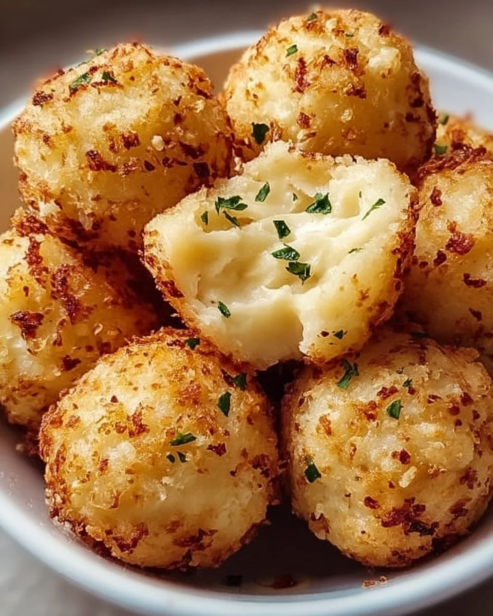Crispy air fryer cheesy mashed potato balls served on a plate