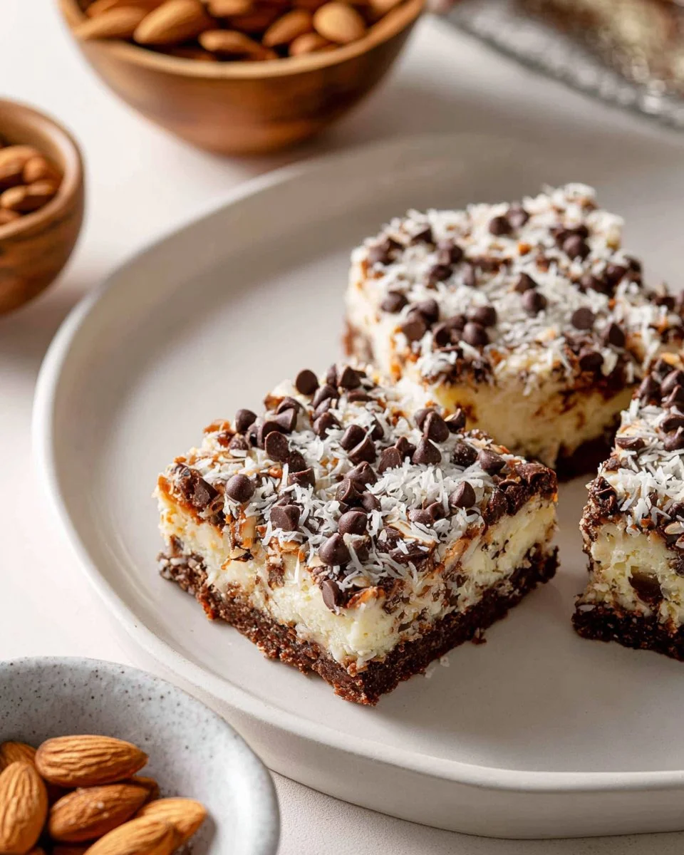 Delicious Almond Joy Cheesecake Bars with chocolate, coconut, and almond toppings.