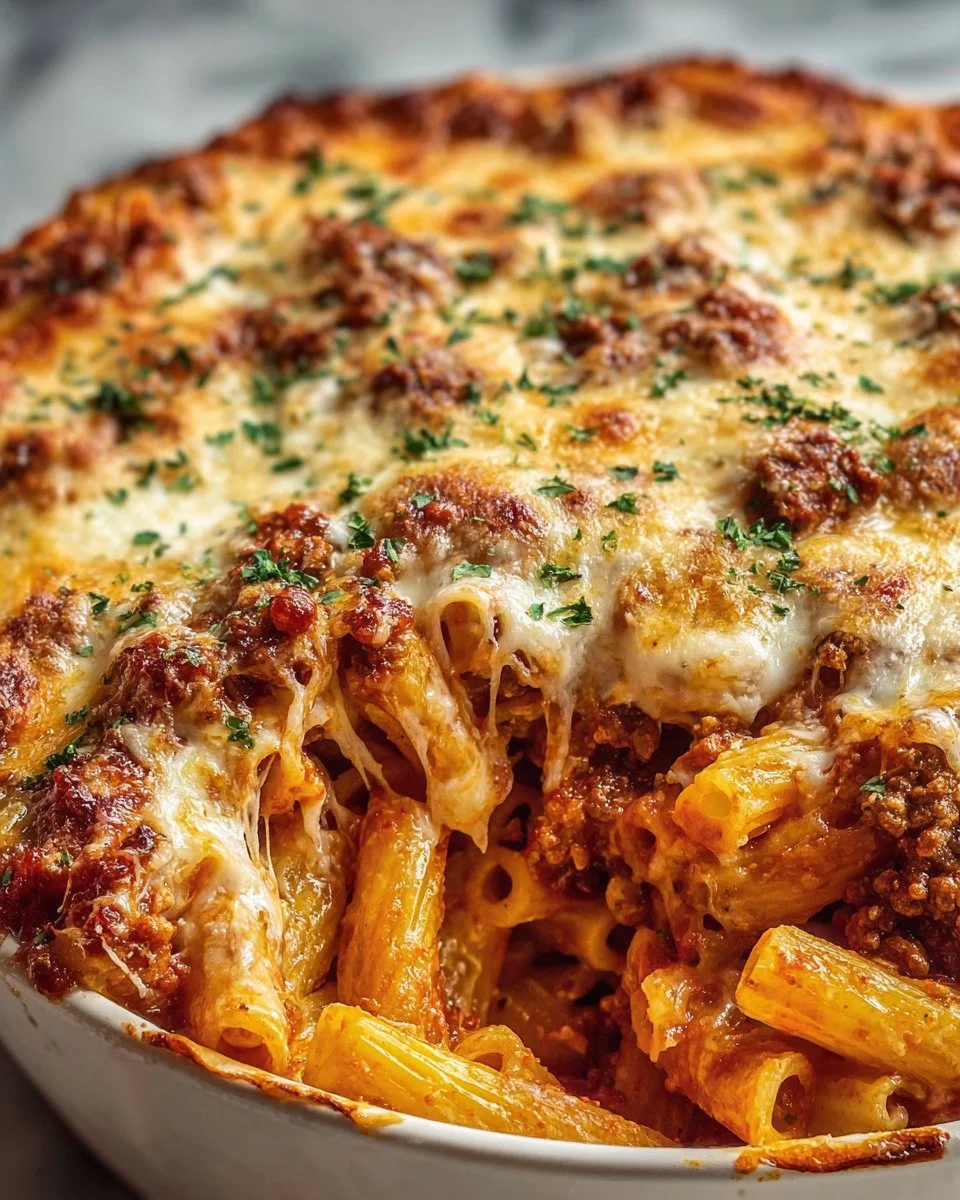 Baked mostaccioli with meat sauce, ricotta, and mozzarella cheese in a casserole dish.