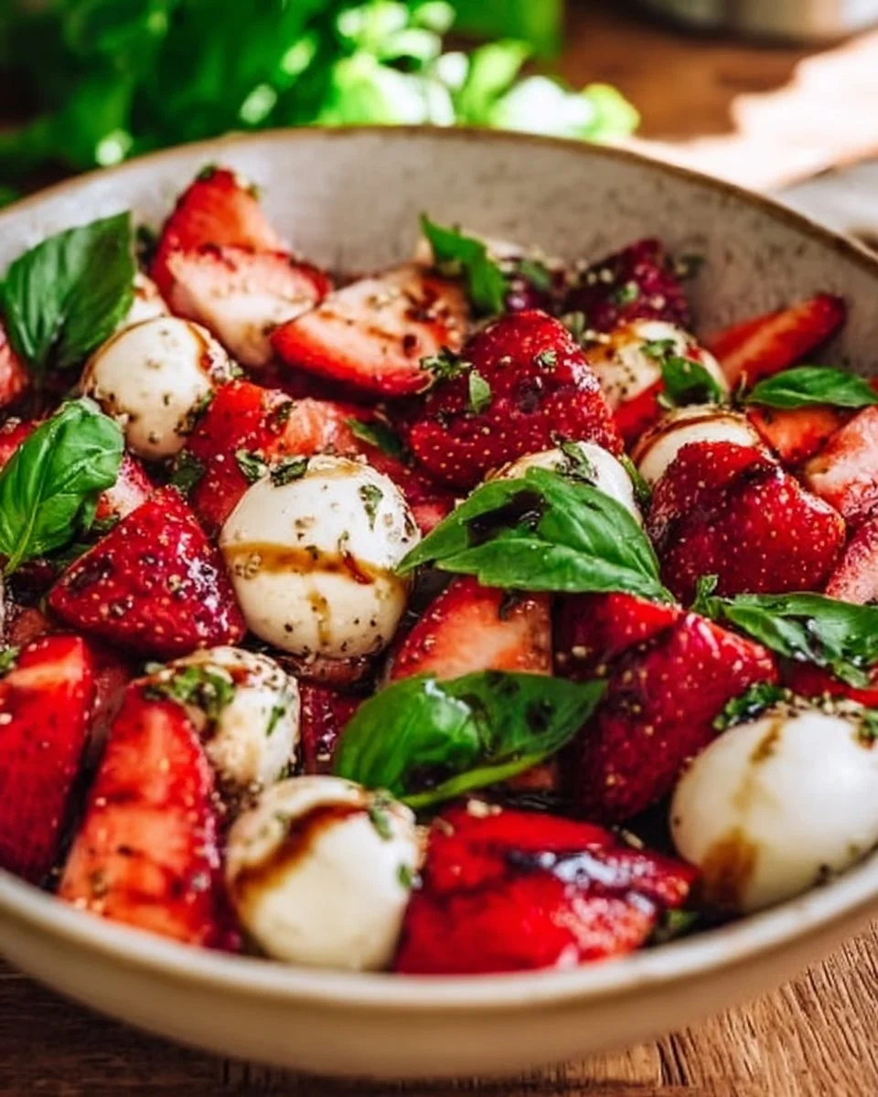 Delicious Balsamic Strawberry Caprese Salad with fresh strawberries and mozzarella