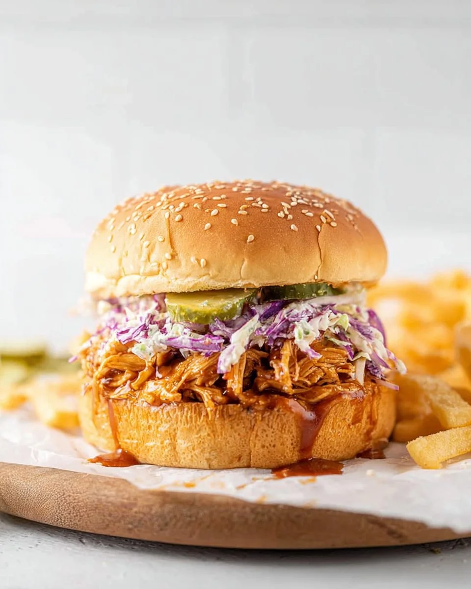 BBQ pulled chicken burger topped with fresh ingredients on a wooden board