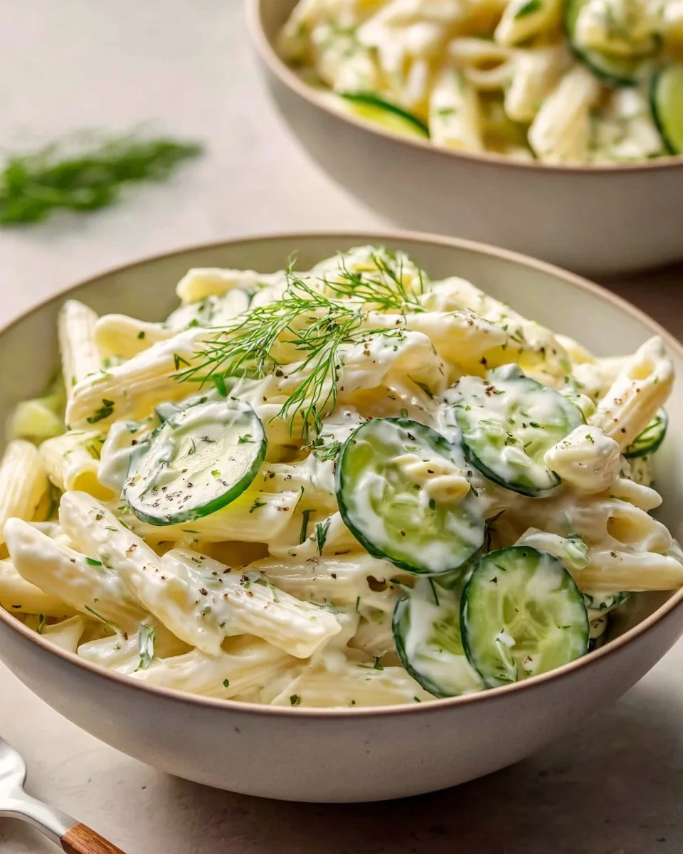 Refreshing cucumber pasta salad in a bowl with colorful vegetables