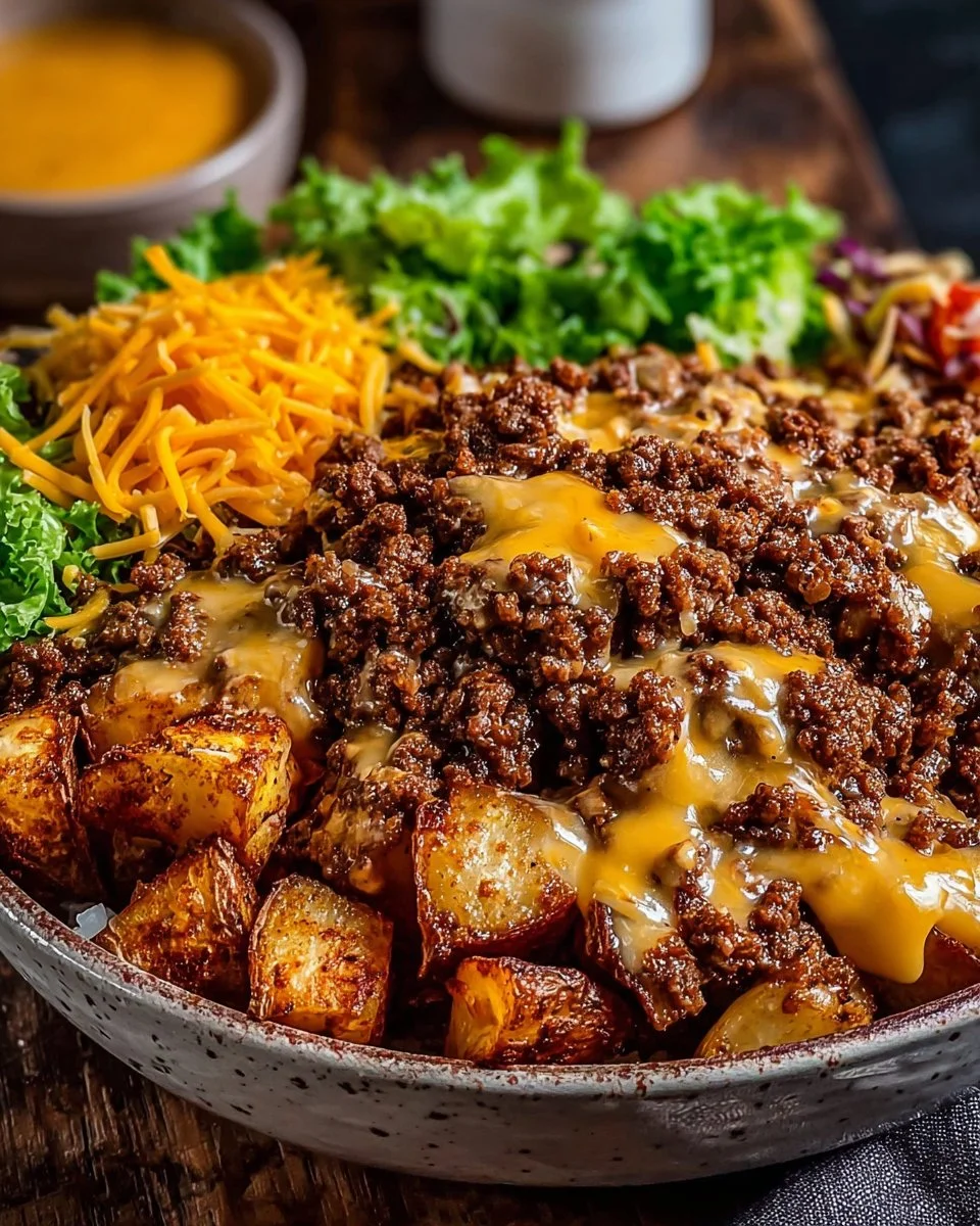Delicious smash burger bowl served with fresh toppings and condiments.