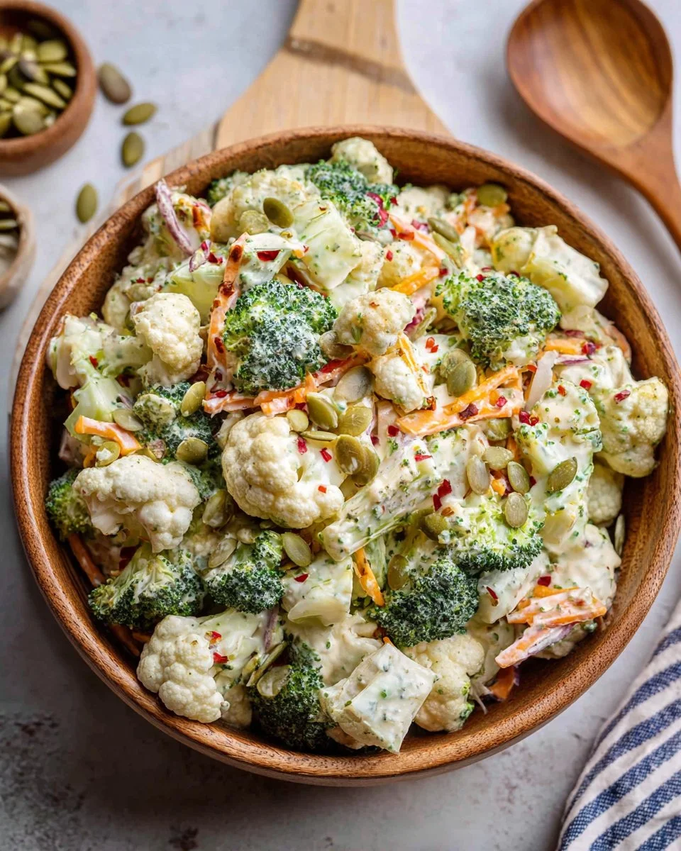 Delicious Broccoli Cauliflower Salad with fresh vegetables and dressing