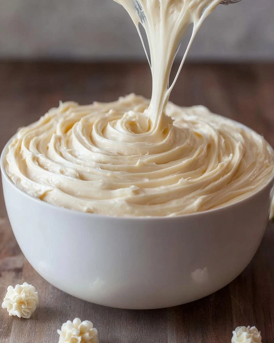 Delicious homemade buttercream frosting in a mixing bowl ready for decorating cakes.